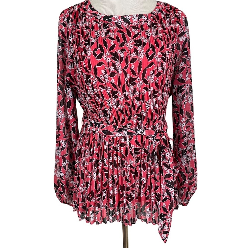 Lane Bryant Womens Blouse Size 14/16 Pleated Long Sleeve Floral Waist Tie Pink